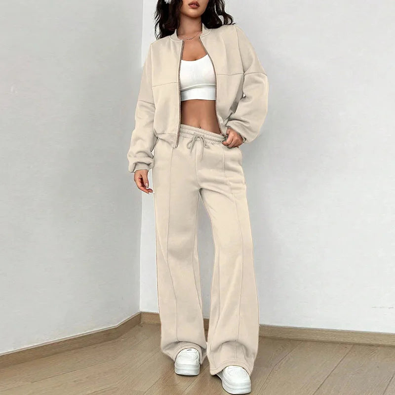 Casual Women's Sweatshirt & Pants Set with Zipper