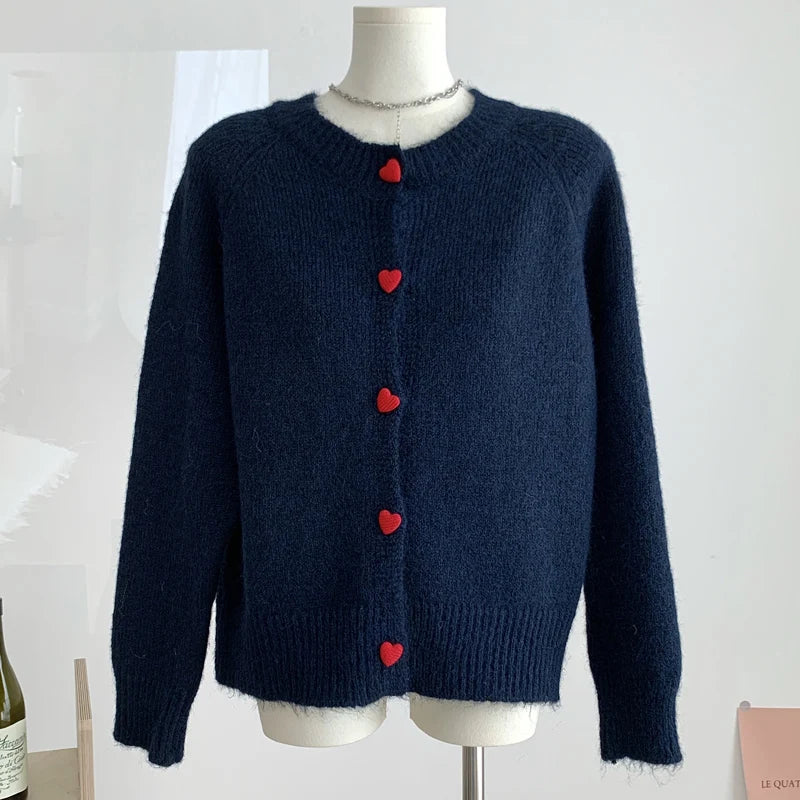 Crew Neck Cashmere Knit Cardigan - Long Sleeve Button-Through Sweater
