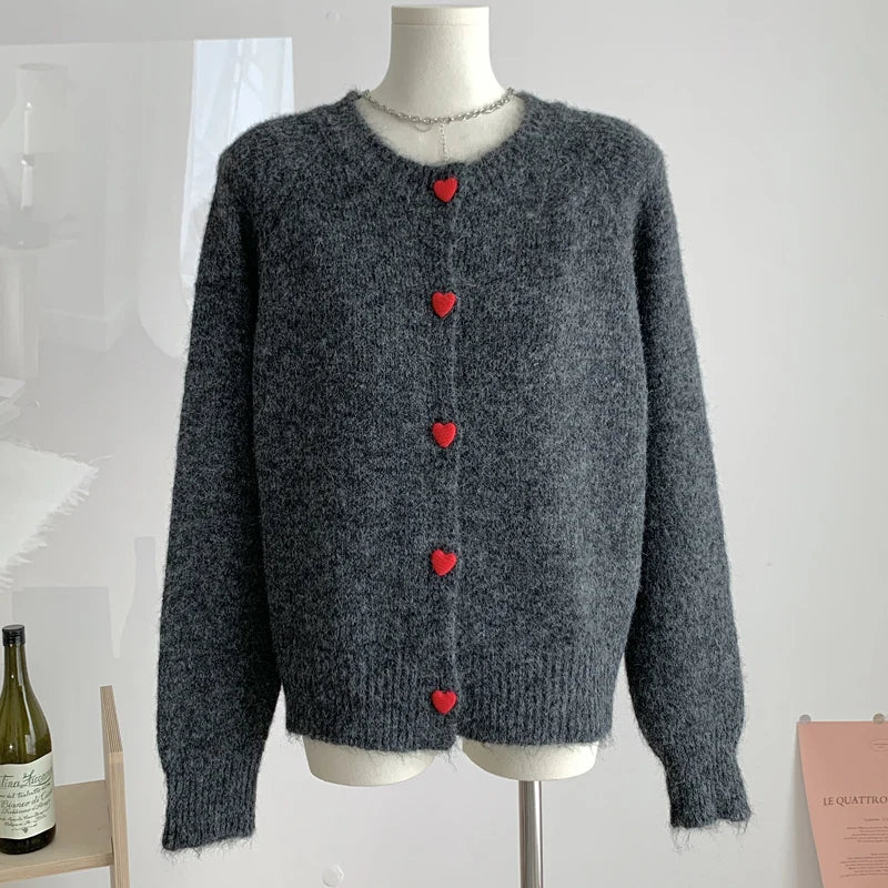 Crew Neck Cashmere Knit Cardigan - Long Sleeve Button-Through Sweater